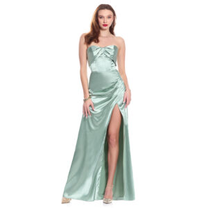 Samira Vestido Verde Largo Strapless Escote Corazon Tipo Corse Y Pieza Tipo Palabra De Honor Falda Drapeada Con Abertura