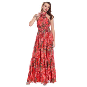 Coral Vestido Largo Halter Con Adorno En Cuello Talle Delantero Drapeado Fajilla Plisada Y Falda Con Pliegues