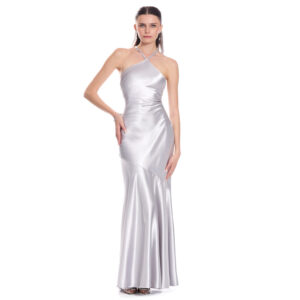 Gala Vestido Largo Escote Halter Con Detalle De Flor En Escote Jaretas En Espalda Y Falda Estilo Sirena