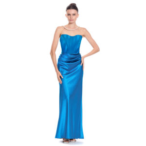 Melinda Vestido Largo Strapless Escote Corazón Con Drapeado En Cintura Y Falda Estilo Sirena