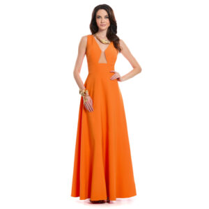 Zulema Vestido Largo Escote V Con Transparencia Falda Semicircular