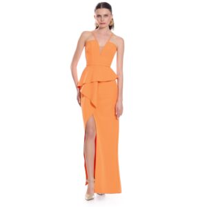 Ilse Vestido Largo Escote V Con Transparencia Con Tirantes Falda Recta Con Abertura