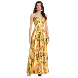 Belinda Vestido Largo Escote V Con Tirantes Talle Cruzado  Drapeado Falda Plisada