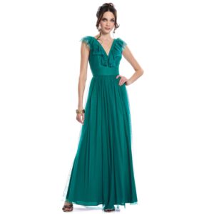 Nayarae Vestido Largo Escote V Adorno Con Olanes Falda Semicircular Con Pliegues