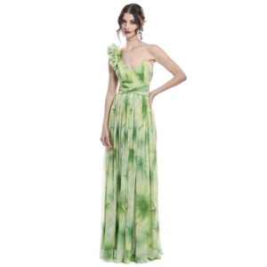 Maura Vestido Largo Escote V Con Escarola En Hombro Fajilla Drapeada Línea A Con Pliegues