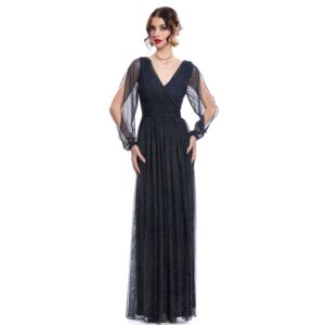 Amaris Vestido Largo Escote En V Con Manga Larga Drapeado En Talle Y Fajilla Falda Semicircular  Con Pliegues