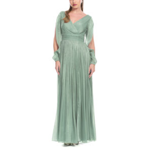 Danika Vestido Largo Escote V Con Drapeado En Talle Y Fajilla Manga Larga Falda Con Pliegues Y Abertura