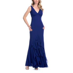 Rebeca Vestido Largo Escote V Falda Semicircular Con Escarolas