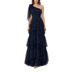 Dakota Vestido Largo Escote Asimétrico Con Fajilla Drapeado Y Falda Con Capas