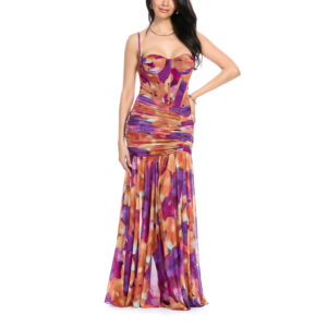 Iris Vestido Largo Escote Corazón Tipo Corset Asimétrico Con Doble Tirante y Falda Tipo Columna Plisada Con Canesú
