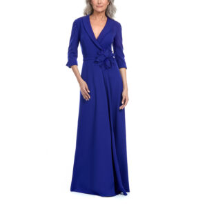 Gabriela Vestido Largo Escote V Cruzado Con Solapa Manga 3/4, Falda Envolvente Y Cinturón Con Aplicación De Flor