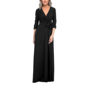 Gabriela Vestido Largo Escote V Cruzado Con Solapa Manga 3/4, Falda Envolvente Y Cinturón Con Aplicación De Flor
