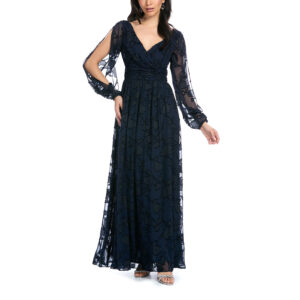 Hadassa Vestido Largo Escote V Manga Larga Con Abertura Fajilla y Falda Con Abertura